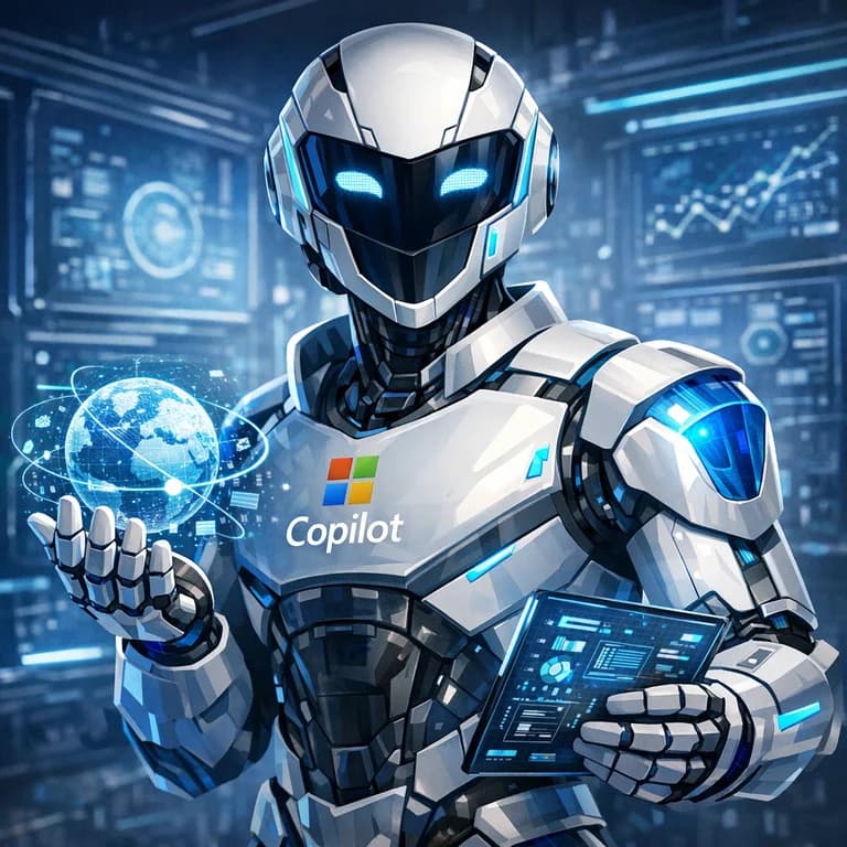 Illustrated Copilot guide welcoming visitors to the Epyon learning world